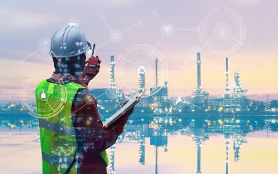 Double exposure of Engineer with oil refinery industry plant background,  industrial instruments in the factory and physical system icons concept, Industry 4.0 concept image